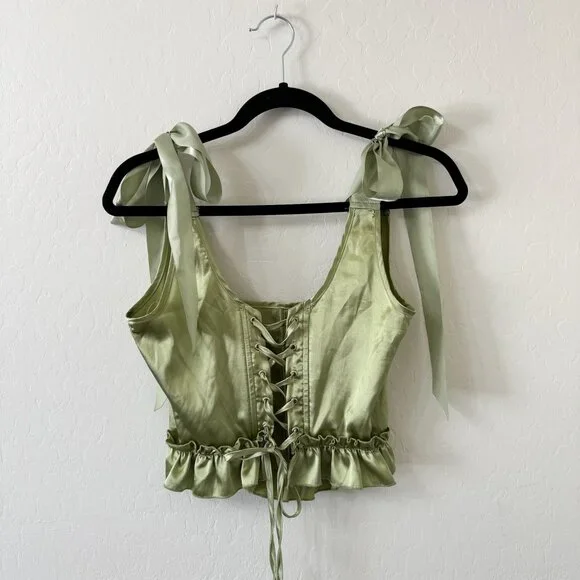 Lime Green Satin Tie Shoulder Lace Up Corset - Picture 3 of 9